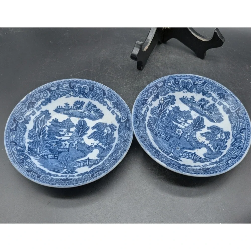 Antique Blue Willow Semi China England Small Bowls Deep Set of 2 Blue 5
